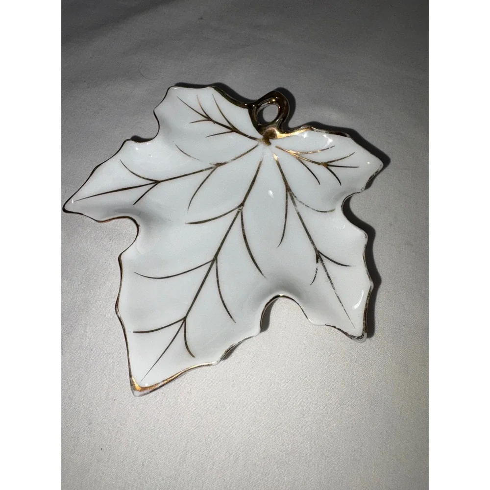 White Porcelain Maple Leaf Trinket Dish Gold Trim Gilt Japan Jewelry TrayVintage